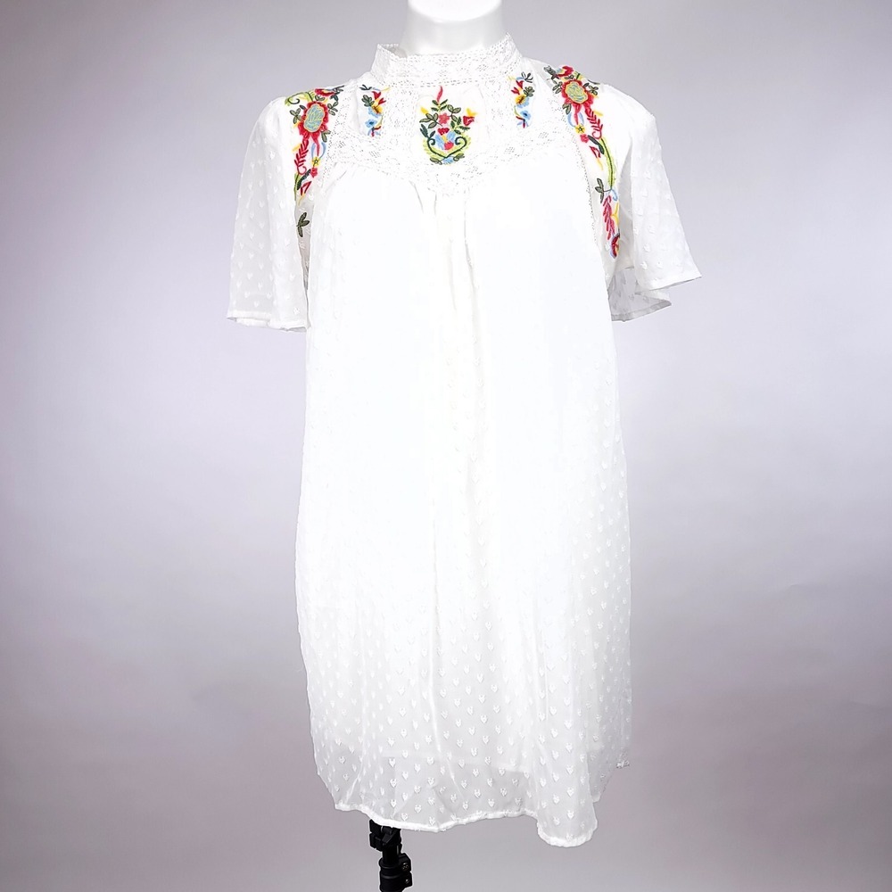 Coco Colette White Swiss Dot Floral Embroidered Lace Trim Boho Mini Dress NWT